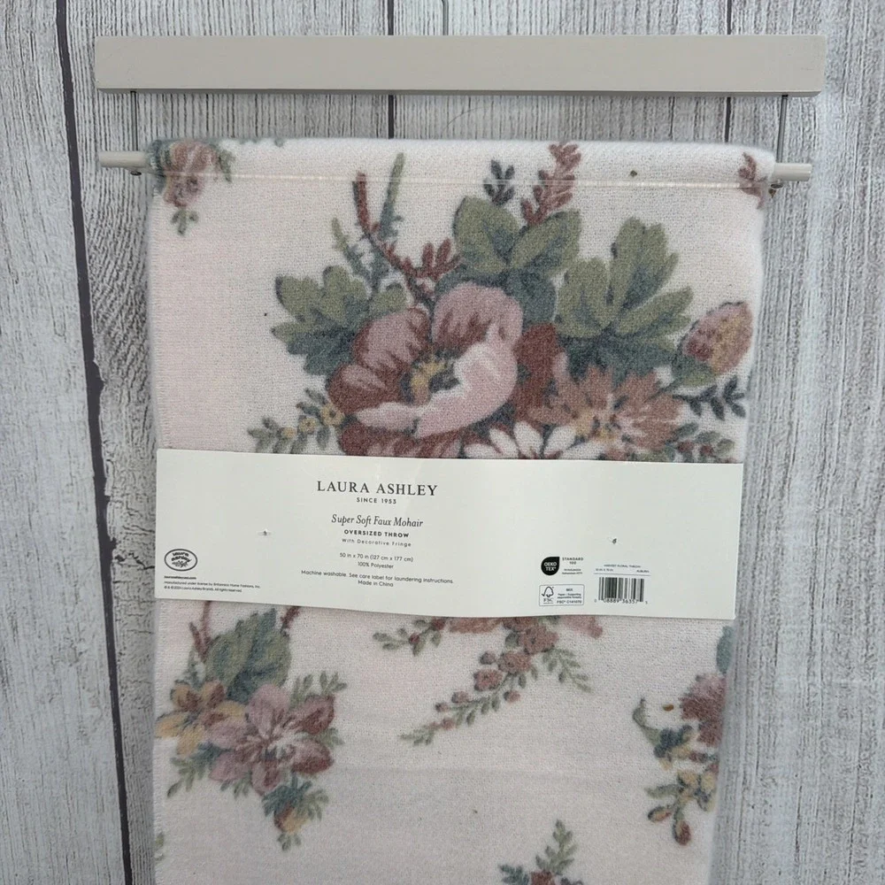 Laura Ashley Throw Blanket 50x70 Cream Floral Super Soft Faux Mohair Cottage
